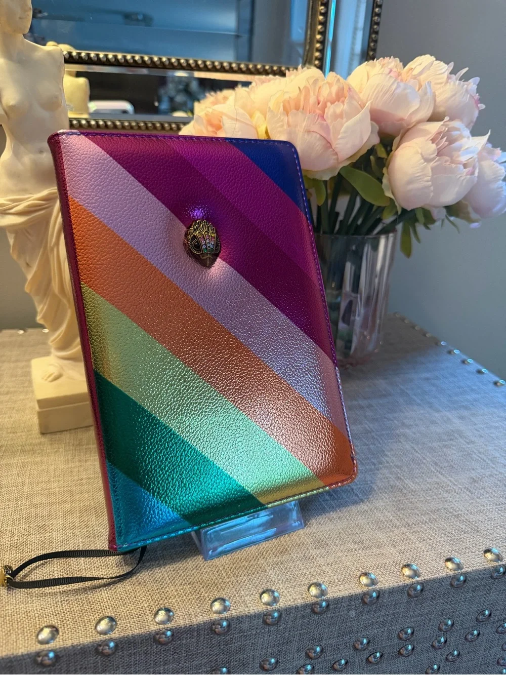 Rainbow Striped Leather Notebook Cover with Gold Crest Accent
